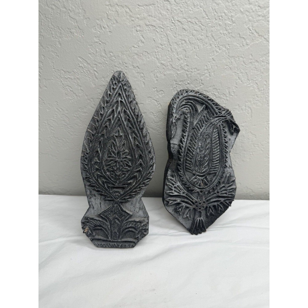 2 Antique Hand Carved Batik Wood BLOCK Stamp India Fabric Block For Decor Wall